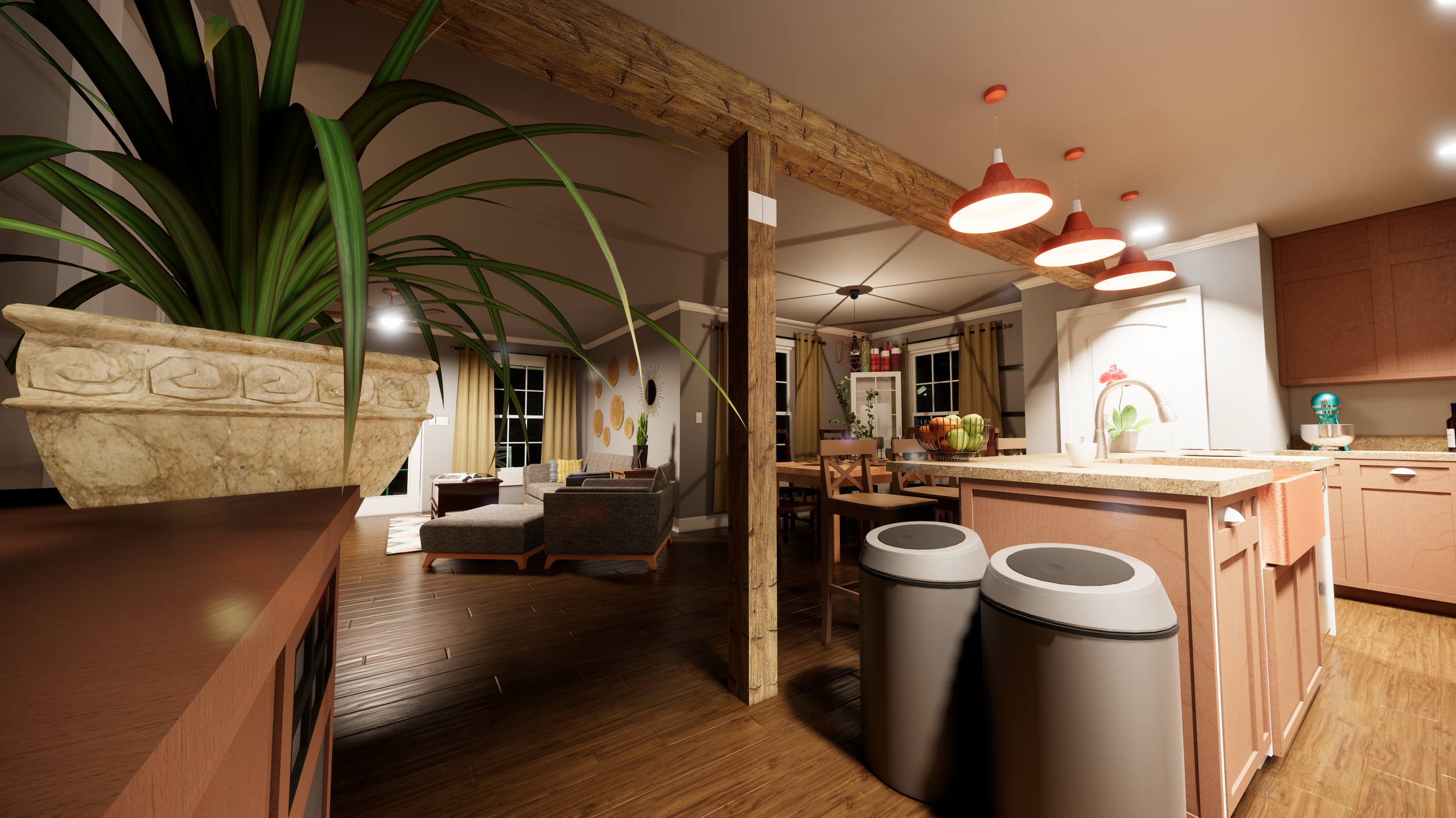 View of a living room and kitchen in a home, featuring a large potted plant, kitchen island with two laundry bins, warm lighting fixtures, and dining area with chairs and a fruit bowl.