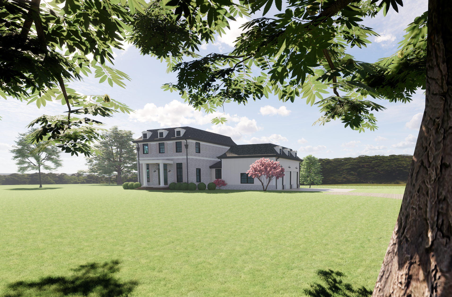 A modern two-story house with a white exterior and black roof, surrounded by a spacious green lawn and trees, under a partly cloudy sky.