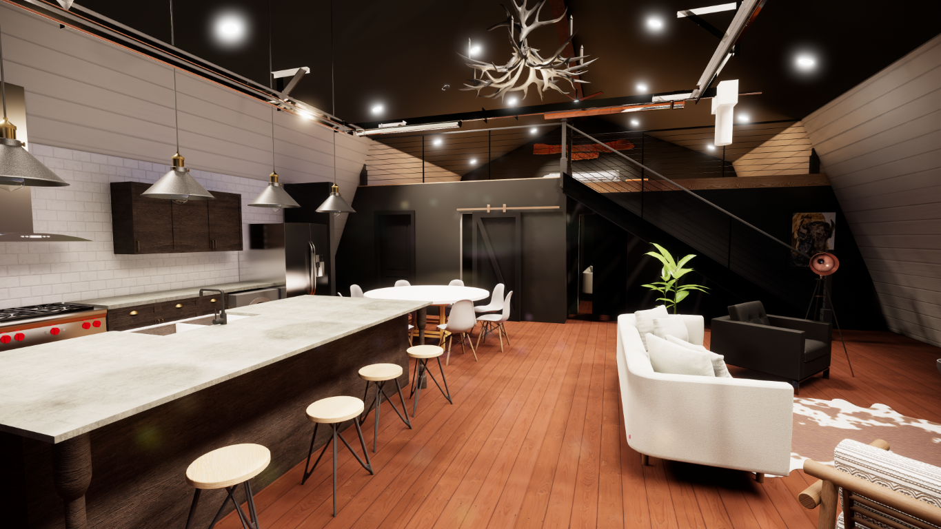 Modern open-concept living space with a kitchen, dining area, and sitting area. The kitchen features a large island with stools, pendant lighting, a stove, and cabinets. The dining area has a round table and white chairs. The sitting area includes a 