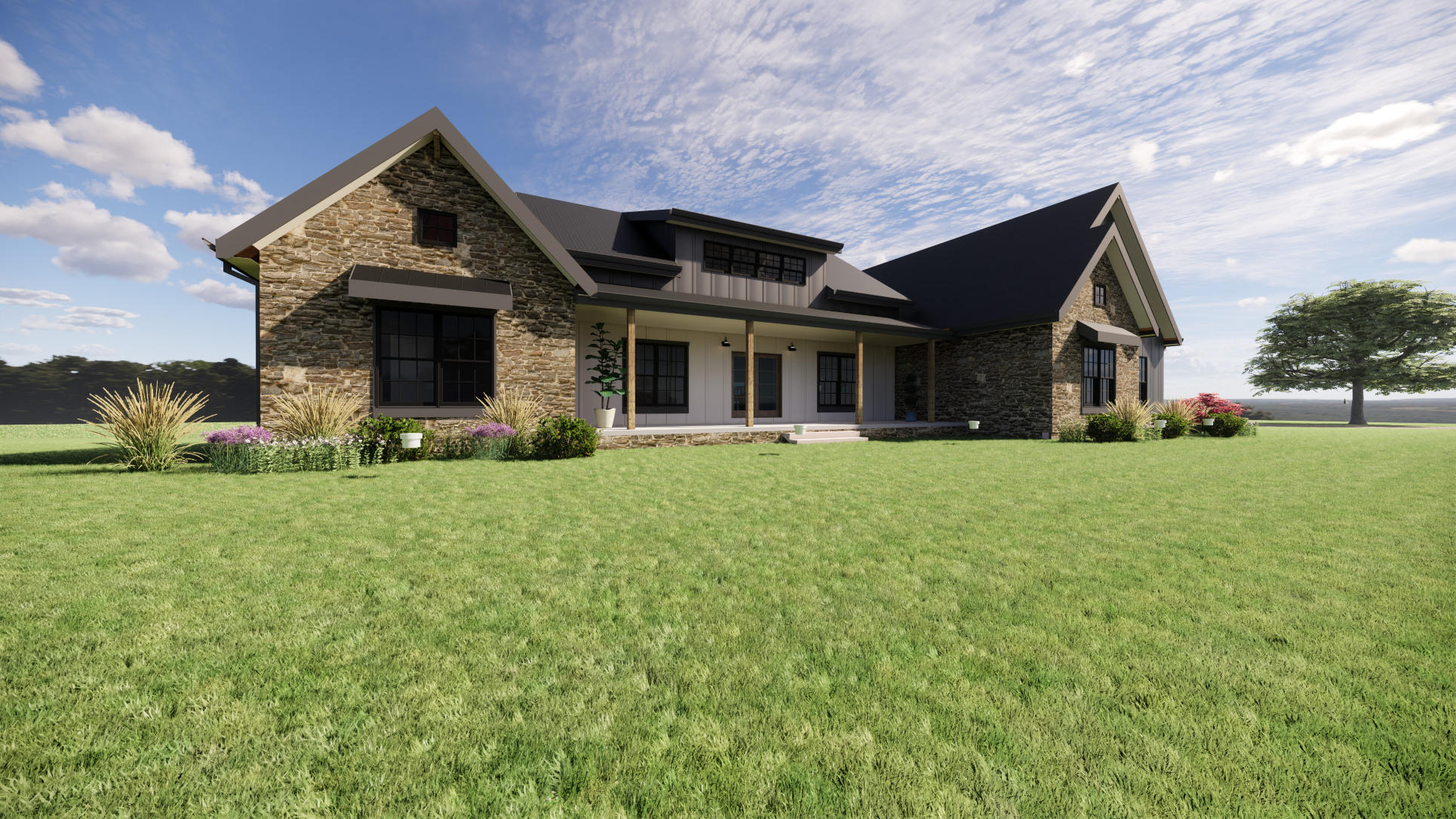 A modern house with stone and white siding exterior, black window frames, and a gable roof, surrounded by a lush green lawn and landscaped plants, under a partly cloudy sky.