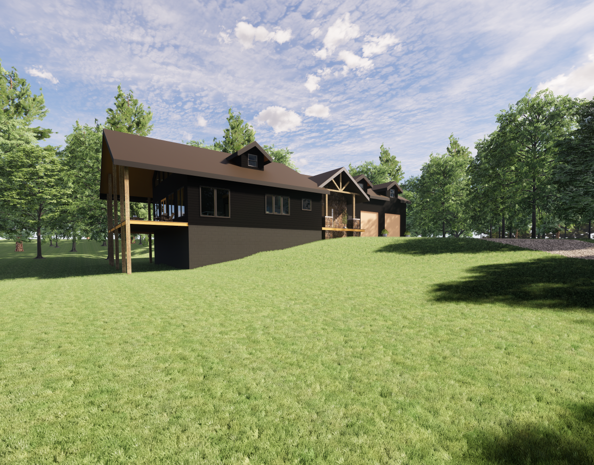 A modern house with a dark exterior, large windows, and a brown roof, situated on a grassy hill with trees in the background under a partly cloudy sky.