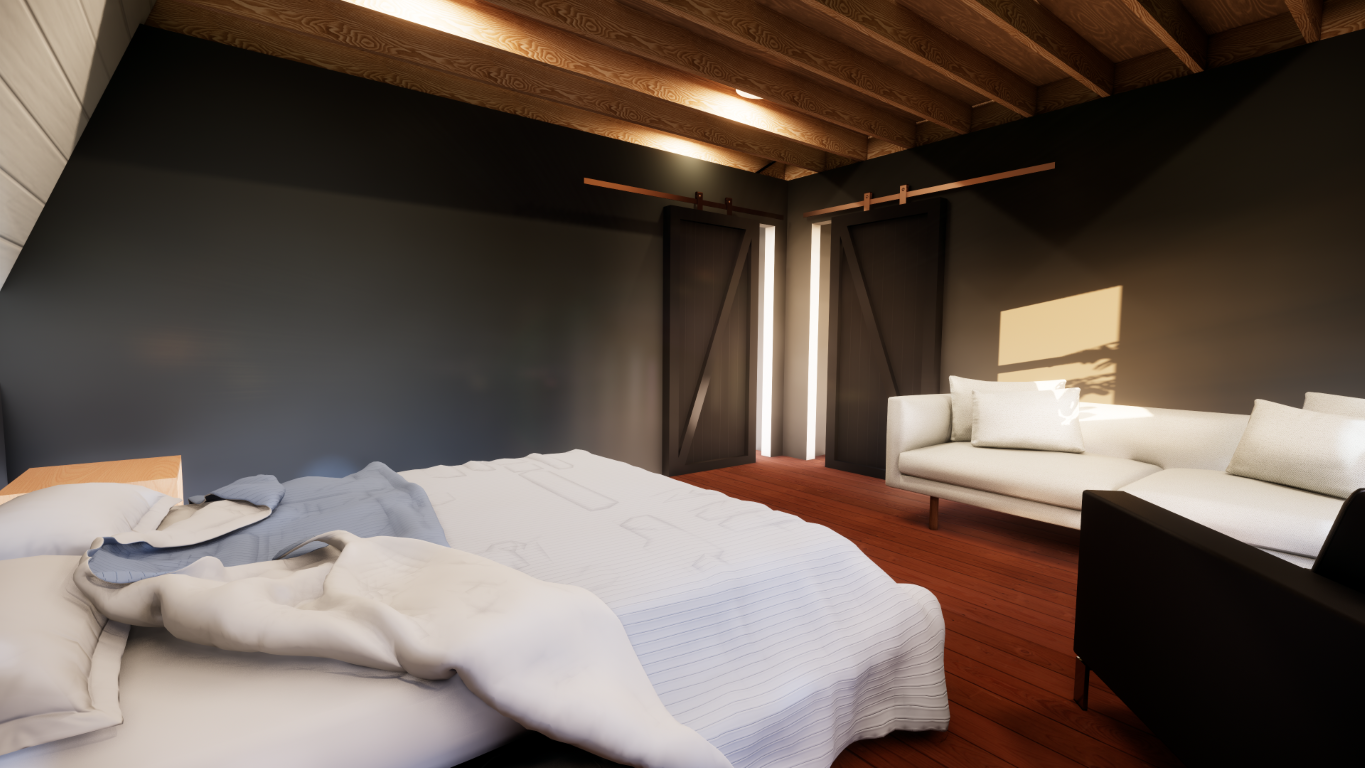 A cozy bedroom with a bed, a sofa, and a black armchair. The room has a sloped wooden ceiling, dark gray walls, and wooden floors. Natural light is coming through black sliding barn doors, casting shadows on the wall.
