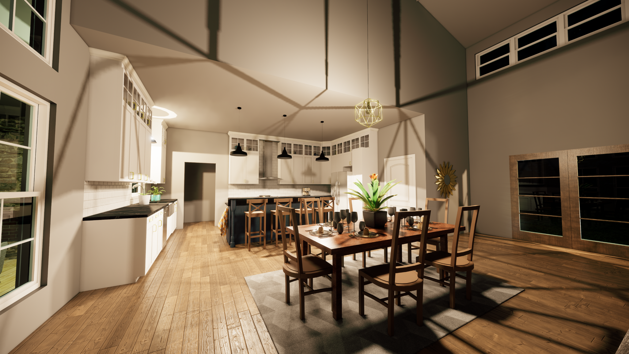 Open-concept kitchen and dining area with hardwood floors, white cabinets, a central island with bar stools, and a wooden dining table with chairs and a large potted plant as a centerpiece.