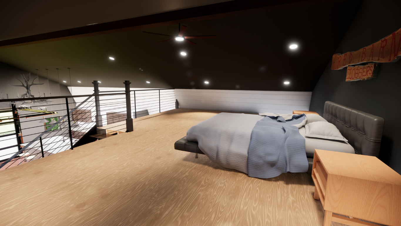 A black leather bed with gray bedding and pillows, wooden nightstand, sloped ceiling with black and white walls, ceiling fan, and wall art in an attic bedroom.