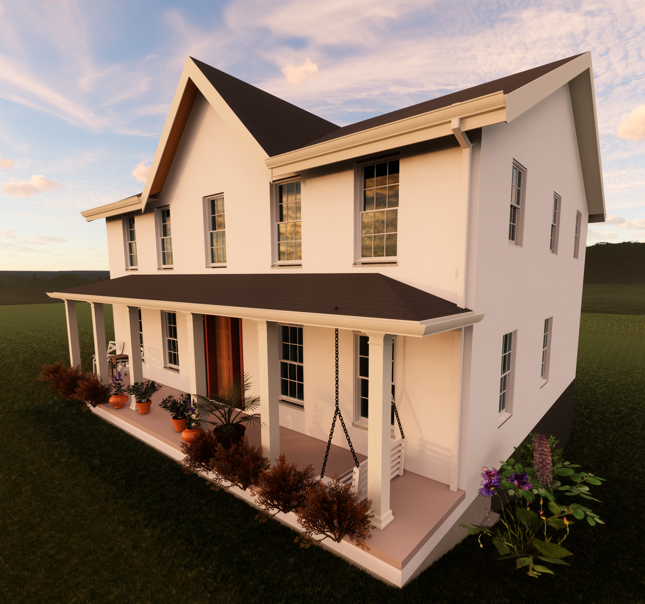 A two-story white house with a front porch, hanging rockers, potted plants, and surrounded by a lawn with some shrubbery and flowers, during sunset.