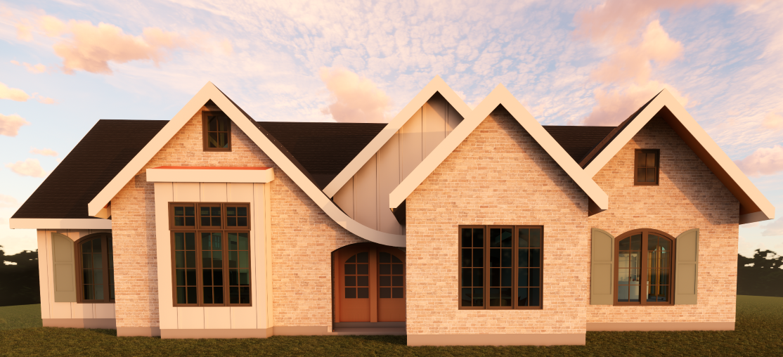 A modern brick house with multiple gabled roofs, large windows with shutters, and a front door, set against a partly cloudy sky during sunset.