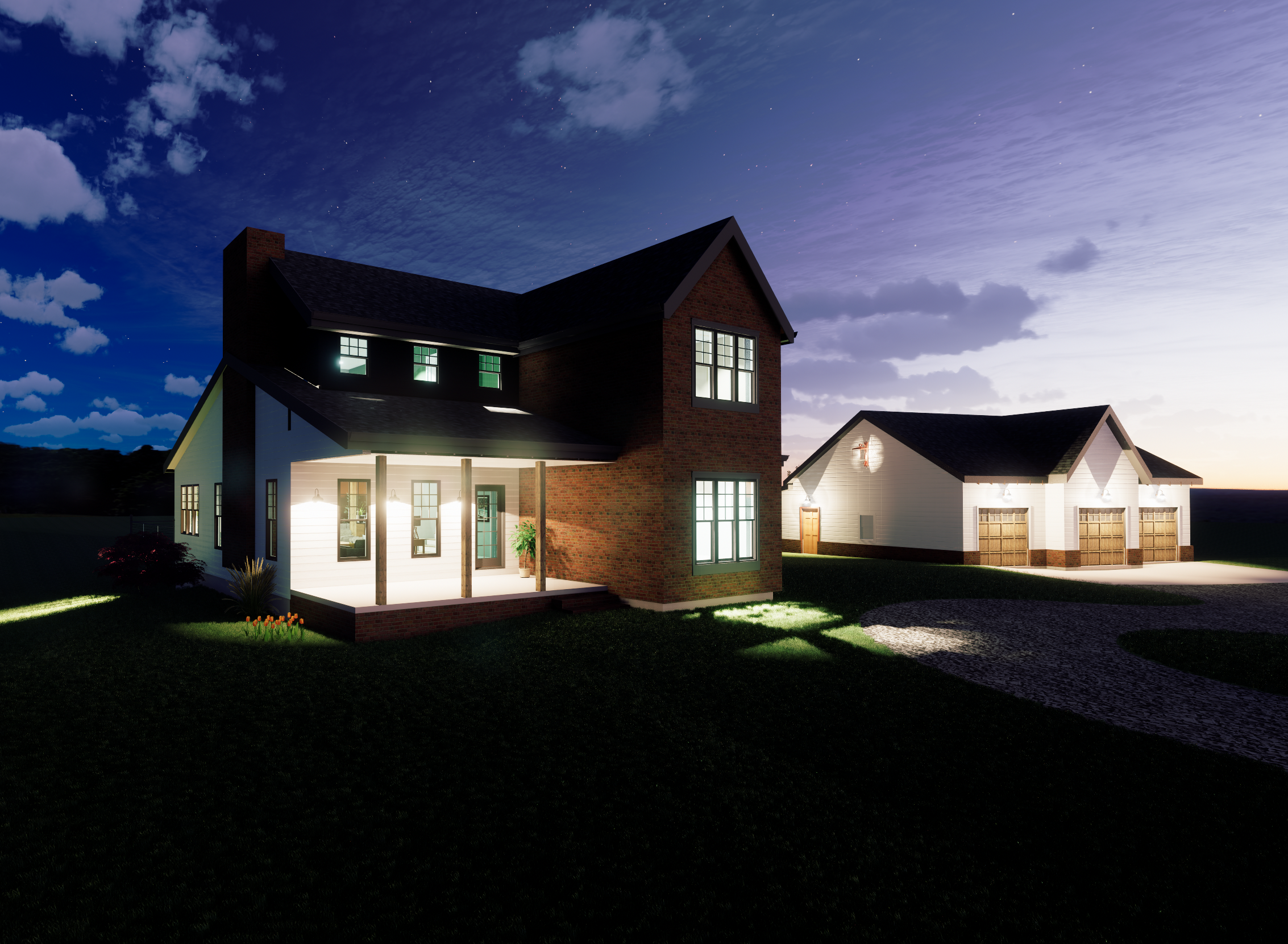 A two-story house with exterior lights on, a porch, and a small garden in front, alongside a detached garage with three doors, under a night sky.
