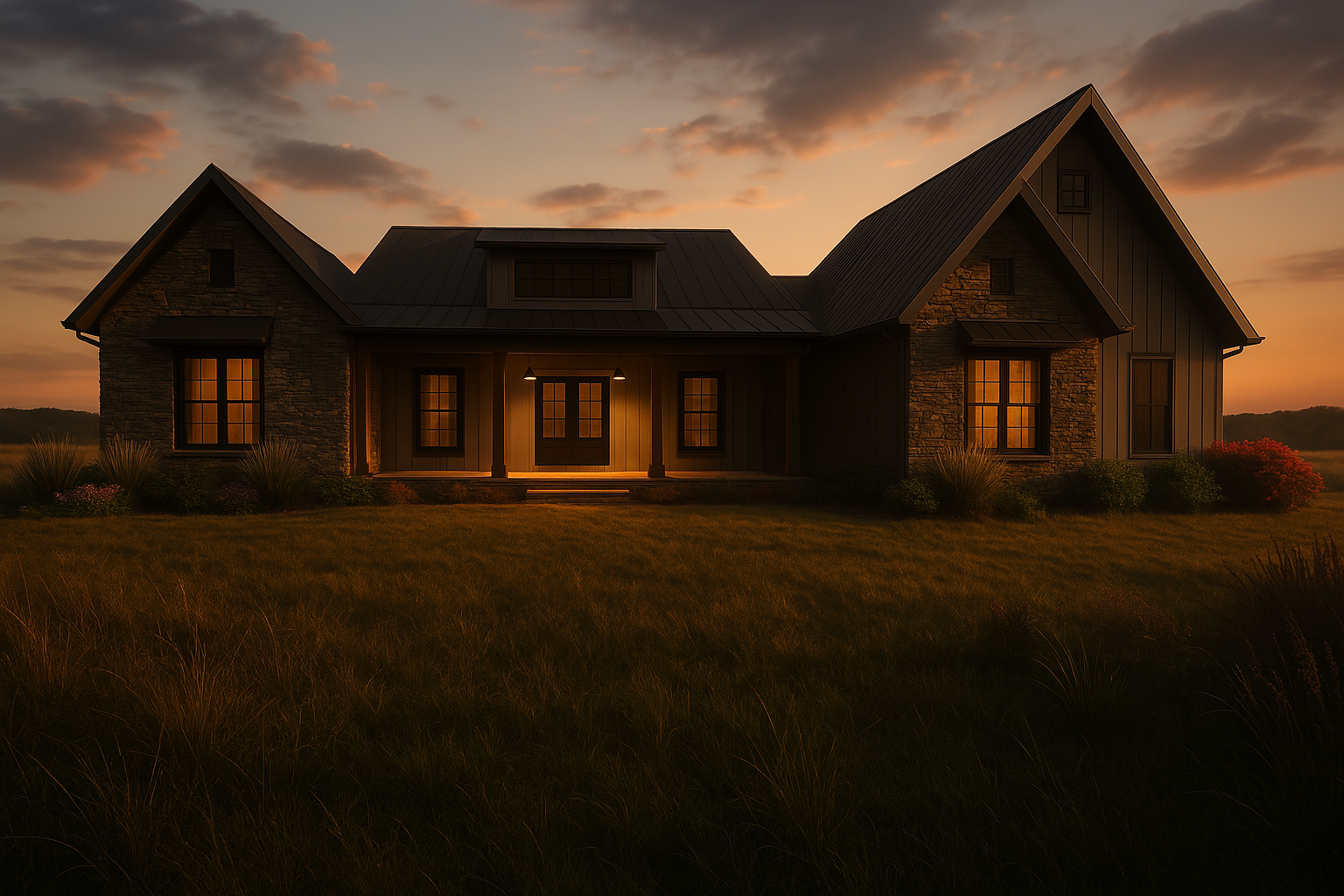 A rustic house illuminated from within at sunset, featuring stone and dark siding exterior, surrounded by grass and bushes.