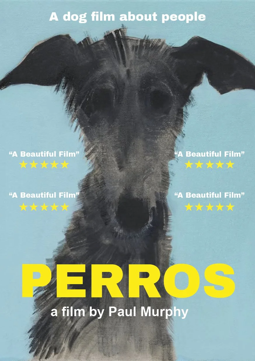 Poster for the film 'Perros' featuring a painted portrait of a dog with black and gray fur against a light blue background. The poster includes quotes stating 'A Beautiful Film' with five yellow stars, and the film is by Paul Murphy.