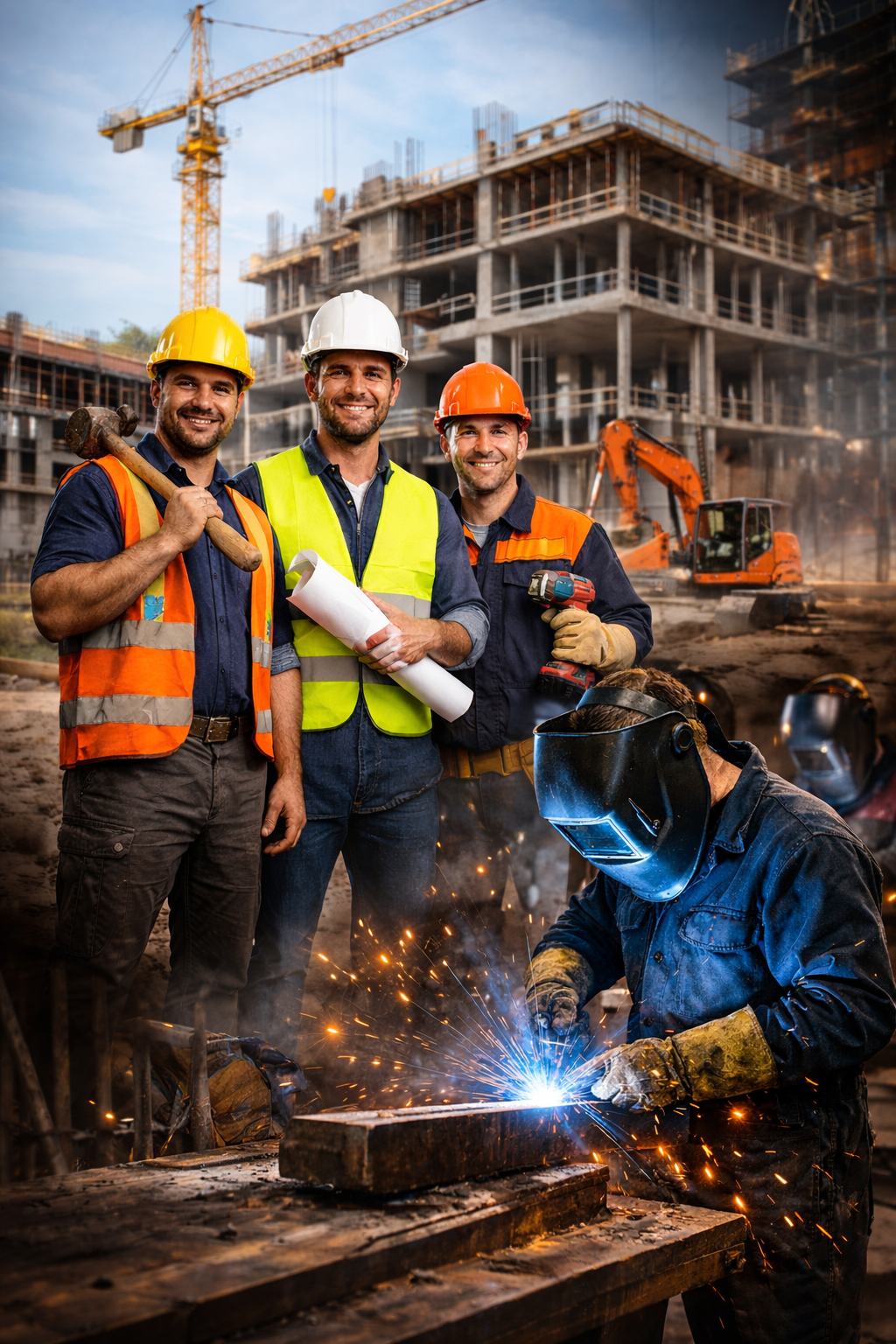 Construction workers at a building site, with a worker welding and sparks flying, while others pose for a photo, wearing safety helmets and vests.