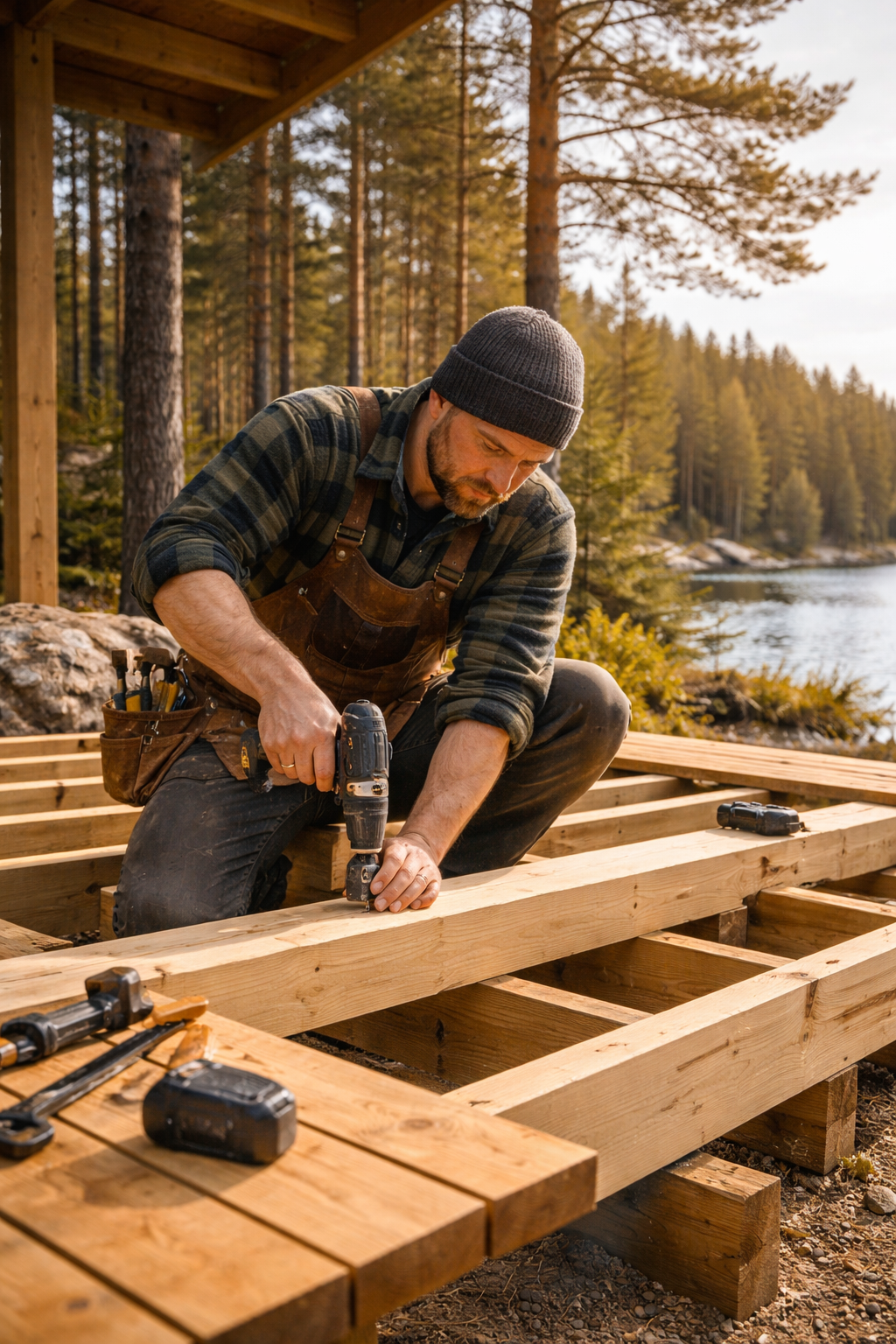 A man wearing a dark beanie, plaid shirt, and apron working with a cordless drill on a wooden structure outdoors, with a forest and a body of water in the background.