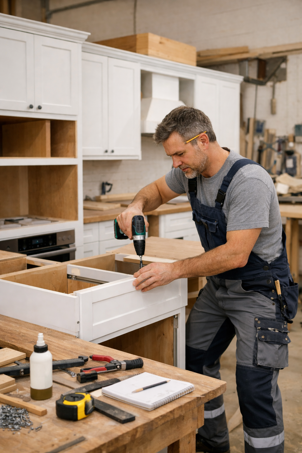 A man using a cordless drill to assemble a white cabinet in a woodworking workshop.