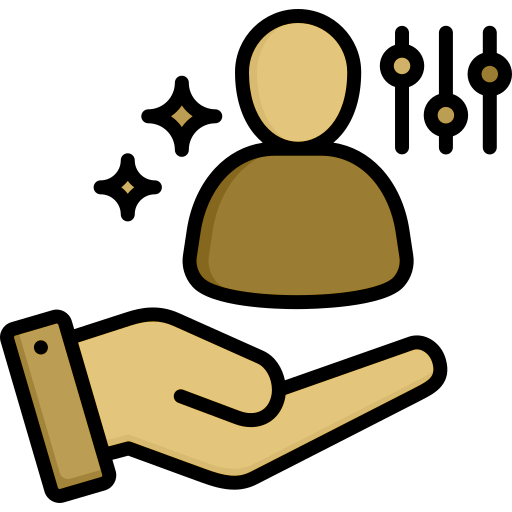 A gold-colored hand holding a gold human silhouette surrounded by small gold decorative shapes.