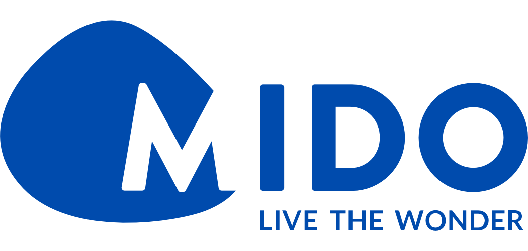 Logo of MIDO with large blue eye shape and bold text 'MIDO' and the slogan 'LIV E THE WONDER' below.