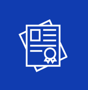 Icon of a certificate with a ribbon on a blue background.