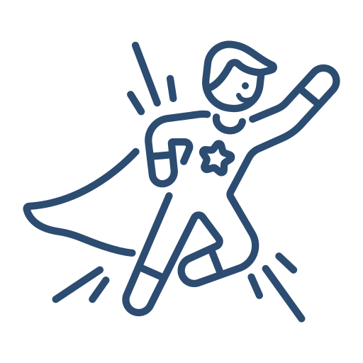 Strichzeichnung eines Kindes im Superheldenkostüm mit Cape, das gerade fliegt.