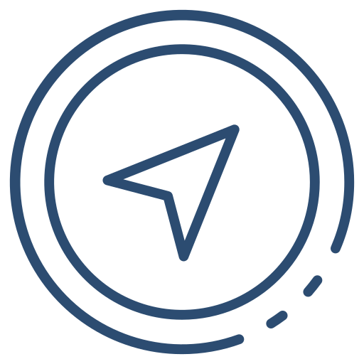 Symbol für Navigator oder GPS, bestehend aus Pfeil in einem Kreis, im dunklen Blau gehalten.