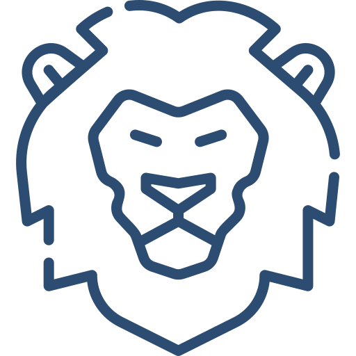 Linienzeichnung eines Löwenkopfs in Blau.