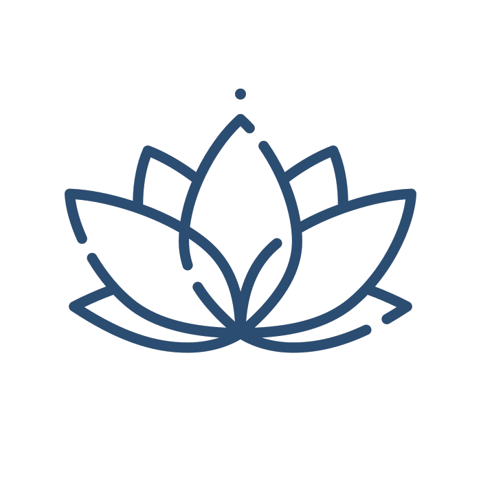 Stilisierte Illustration einer Lotusblüte in Blau auf schwarzem Hintergrund.