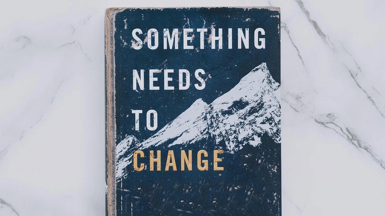 Une planche en bois peint avec une image de montagnes enneigées et la citation "Something needs to change".