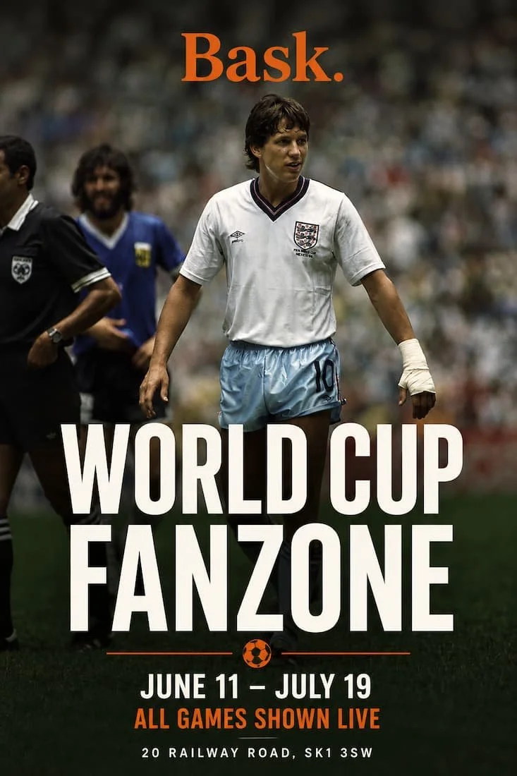 Bask World Cup Coverage flyer featuring a young Gary Lineker