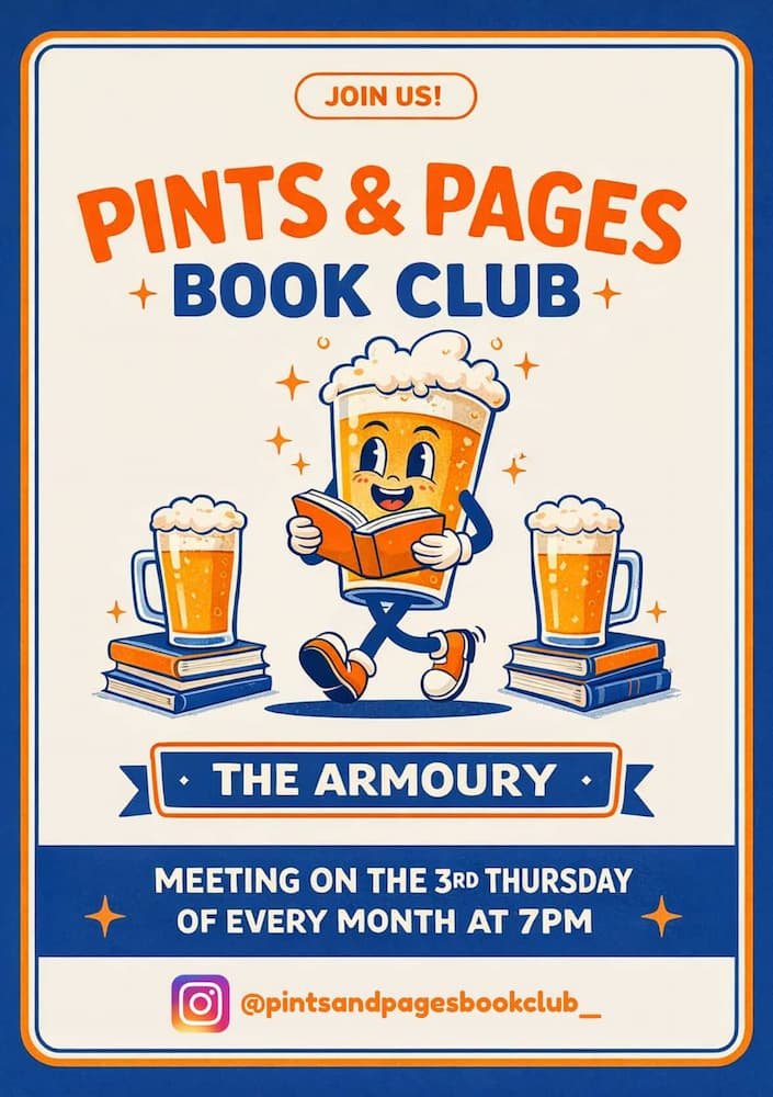 PintsS & Pages at The Armoury featuring a cartoon of a pint glass reading a book