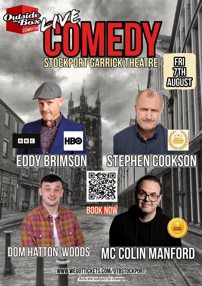 Outside the Box Comedy club poster featuring 4 comedians