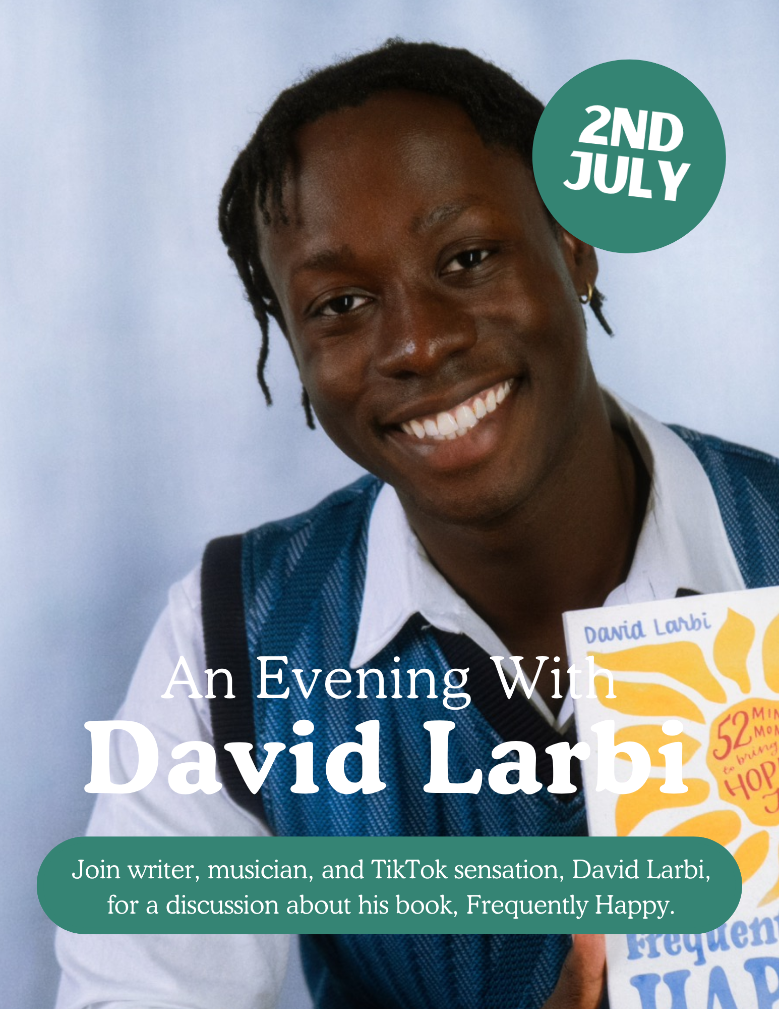 David Larbi event notice at pink MCR featuring portait of author