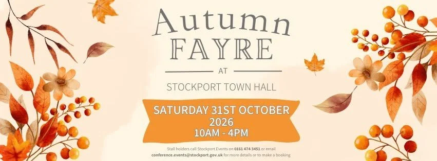 Stockport Autumn Fayre banner featuring painted autumnal leaves and flowers