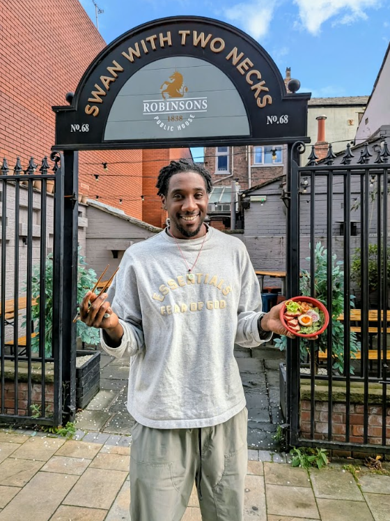 Jefe and his Ramen standing outside The Swan With Two Necks in Stockport