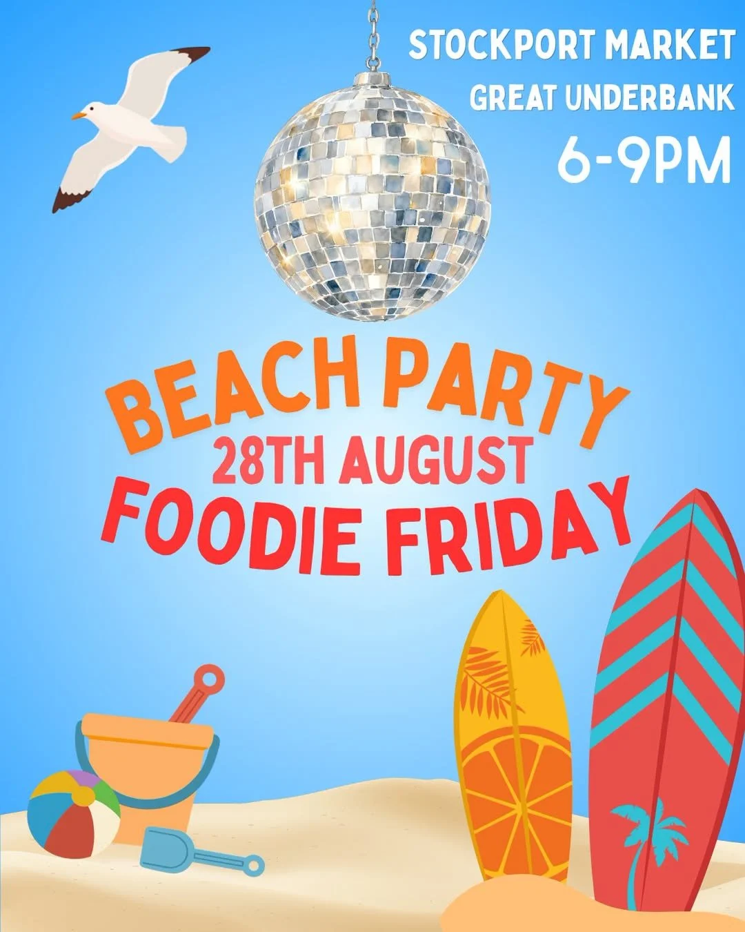 Foodie Friday Beach Party poster for August