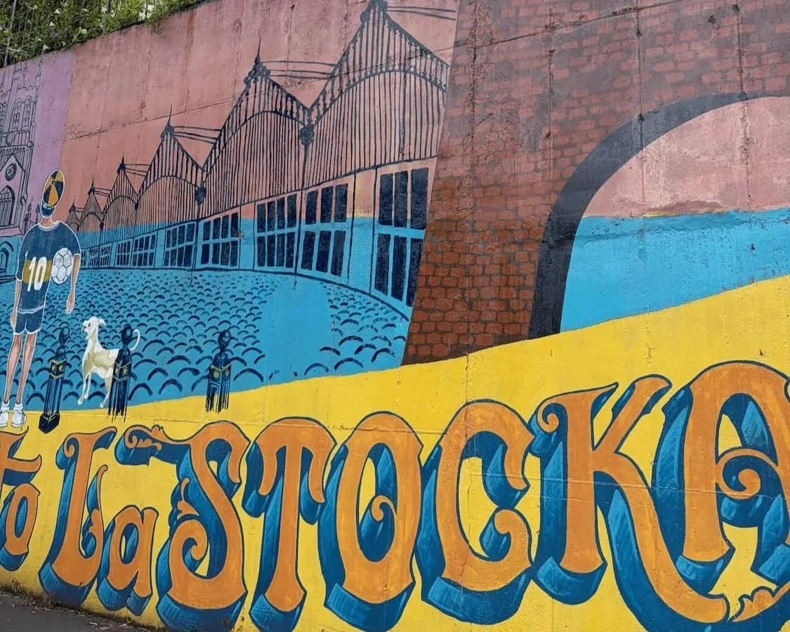 Partial wall showing of La Boca to La Stocka mural in Stockport