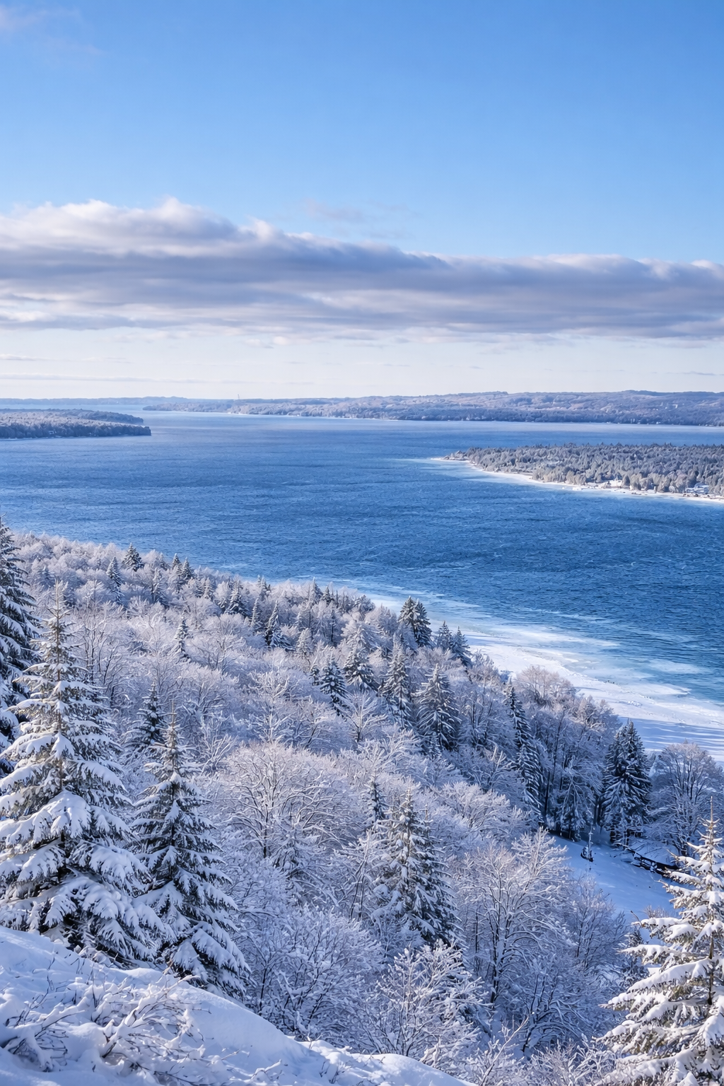 Snow-covered river and winter landscape in Northern Michigan, showcasing the natural scenery of Charlevoix and Emmet Counties