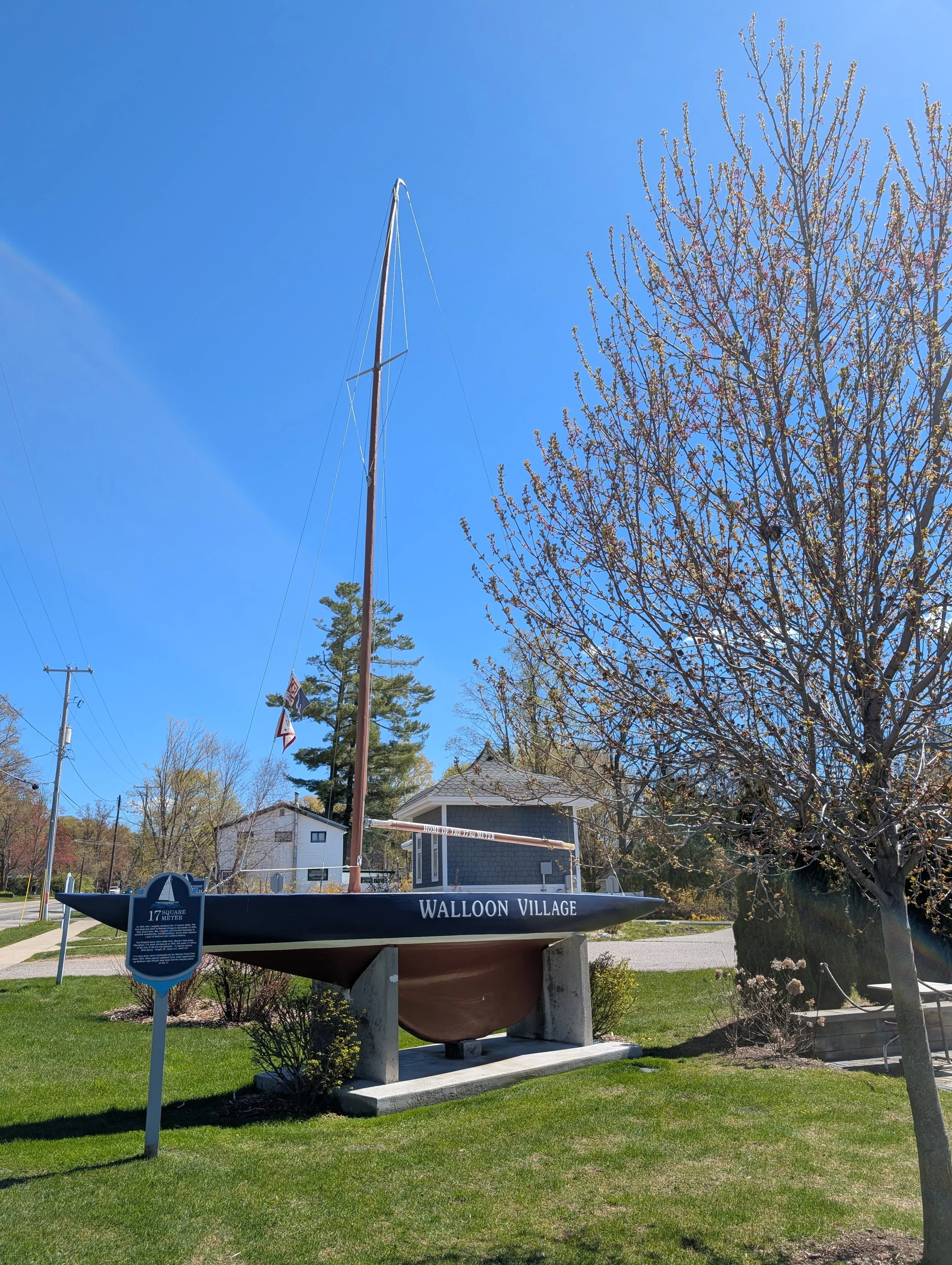 Walloon Village landmark sailboat sculpture in Walloon Lake Village, Michigan