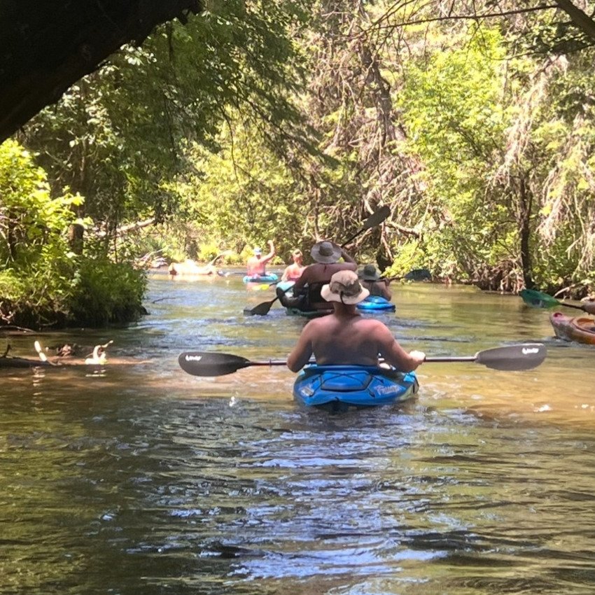 Group of kayakers paddling together through  crystal clear shallow waters surrounded by  a lush green tree canopy on a calm peaceful Northern Michigan river in summer