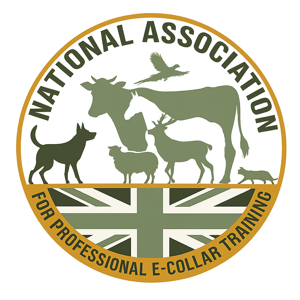 A circular badge with the text 'National Association for Professional E-Collar Training' around the top and bottom edges. Inside the circle, there are silhouettes of various animals including a cow, a cat, a dog, a bird, a sheep, and a turtle, with a Union Jack flag prominently displayed in the background.
