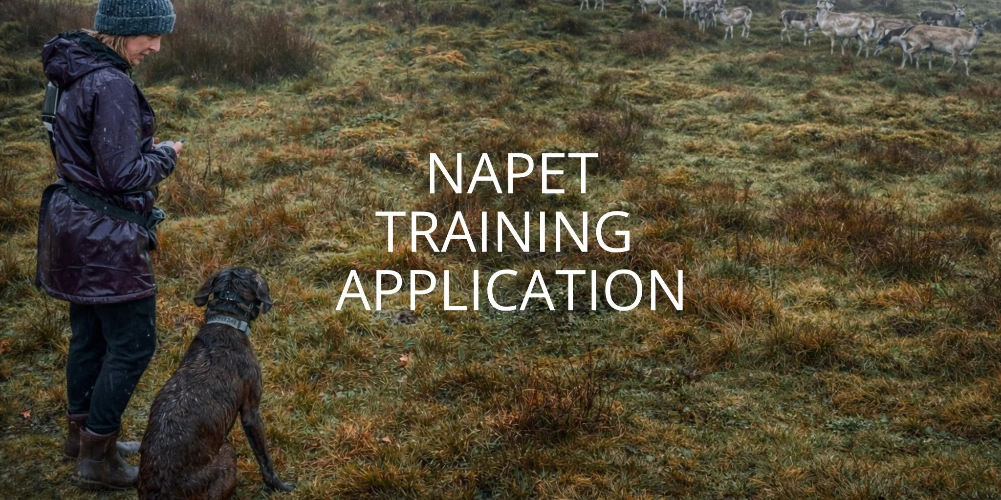 A balanced dog trainer specialising in E-Collars and a dog in a grassy outdoor setting with a herd of reindeer in the background, and overlaid text reading 'NAPET TRAINING APPLICATION.'