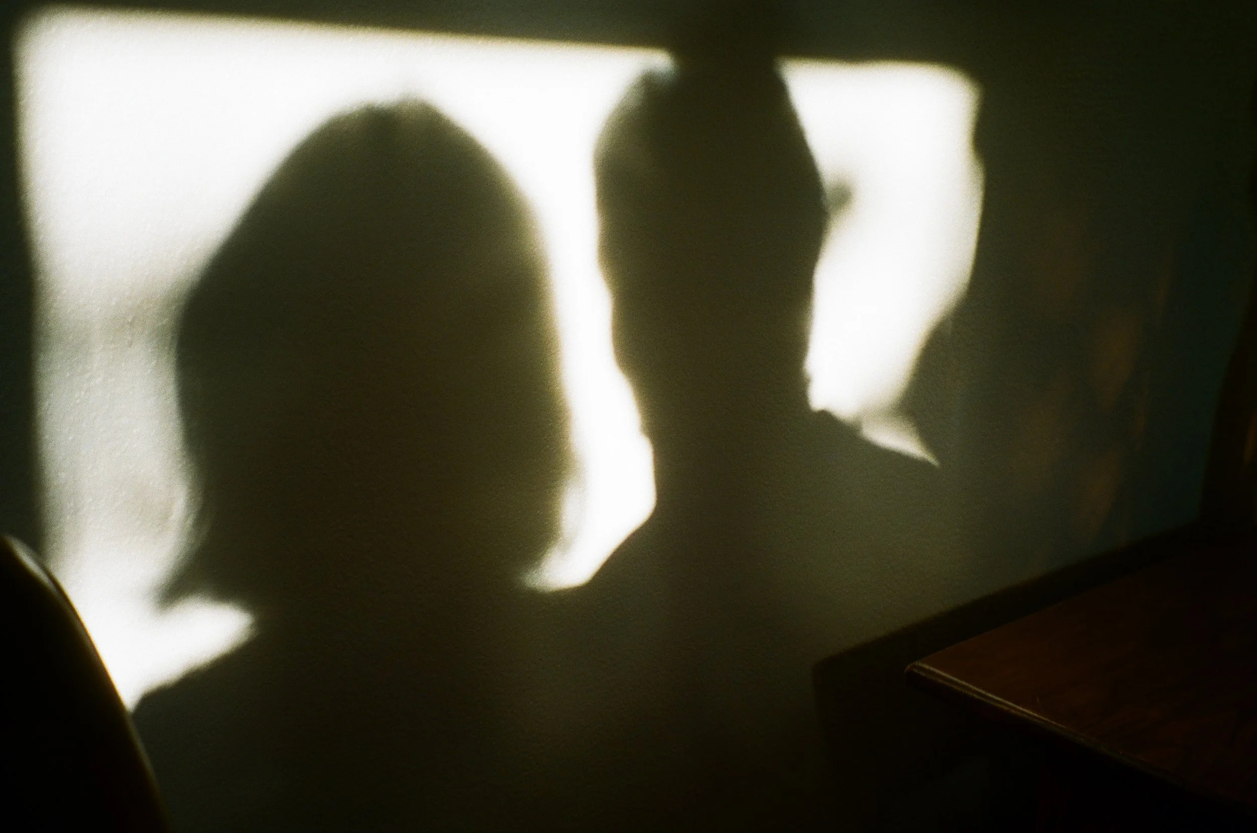 Shadowy silhouettes of two people cast on a wall, created by light from behind