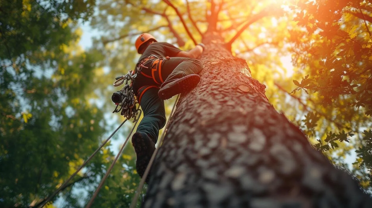 A person climbing a tall tree wearing climbing gear and a helmet, viewed from below with sunlight filtering through the leaves.