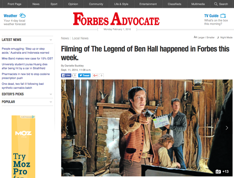 FILMING THE LEGEND OF BEN HALL | FORBES ADVOCATE & WIN NEWS
