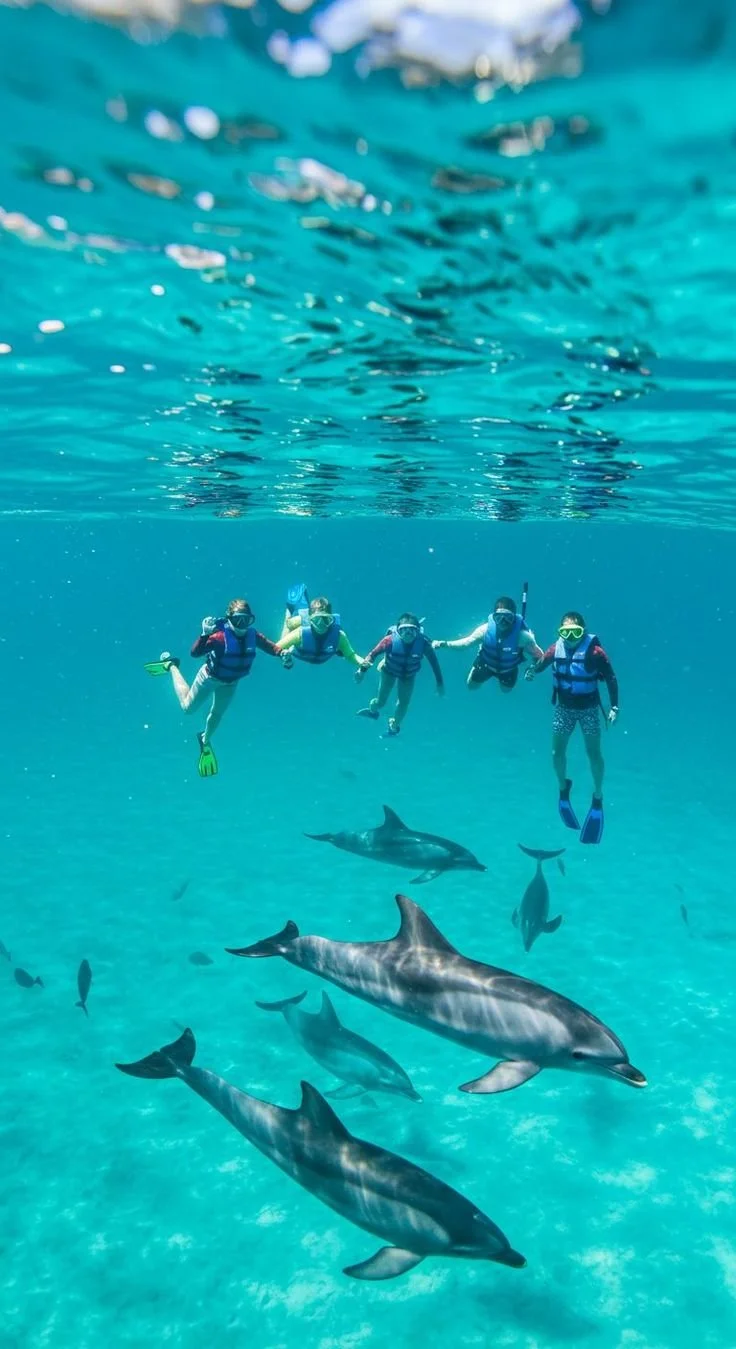 Groupe de personnes nageant en apnée sous l'eau, entourées de dauphins dans un océan clair. C'est à l'île Maurice.