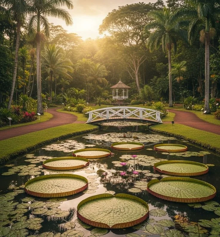 Un jardin tropical avec un étang rempli de nénuphars, un petit pont blanc en arc, et une gazebo en bois en arrière-plan, entouré de grandes palmiers et autres arbres luxuriants, au coucher du soleil. C'est à l'île Maurice.
