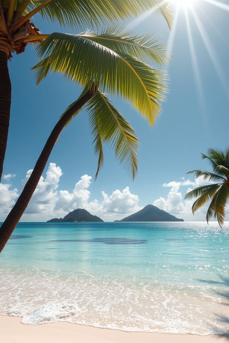 Plage de sable blanc avec deux cocotiers et des îles au loin sous un ciel bleu ensoleillé. C'est à l'île Maurice.