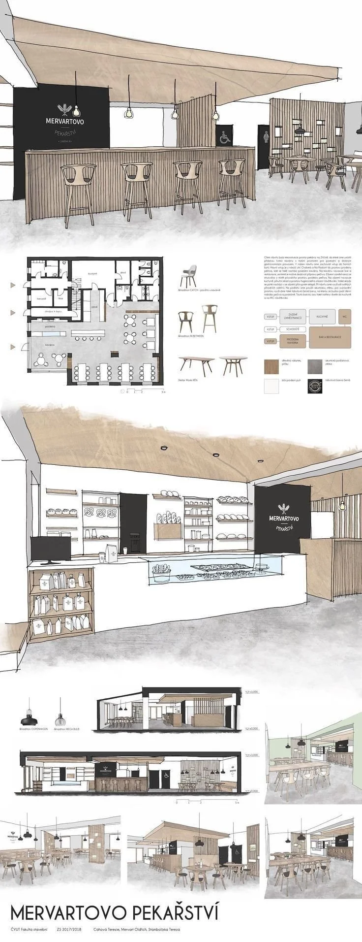 Plano y renders de diseño interior y exterior de un local de panadería llamado Mervartovo Pekařství, con área de atención, mostrador, cocina y zona de comedor.