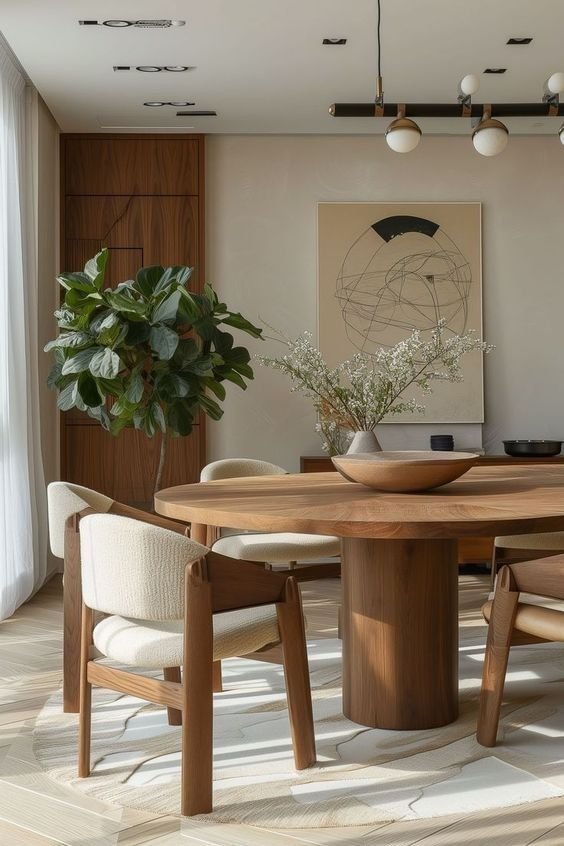 Comedor con mesa de madera redonda, sillas tapizadas en blanco, plantas verdes y decoración moderna con cuadros abstractos.