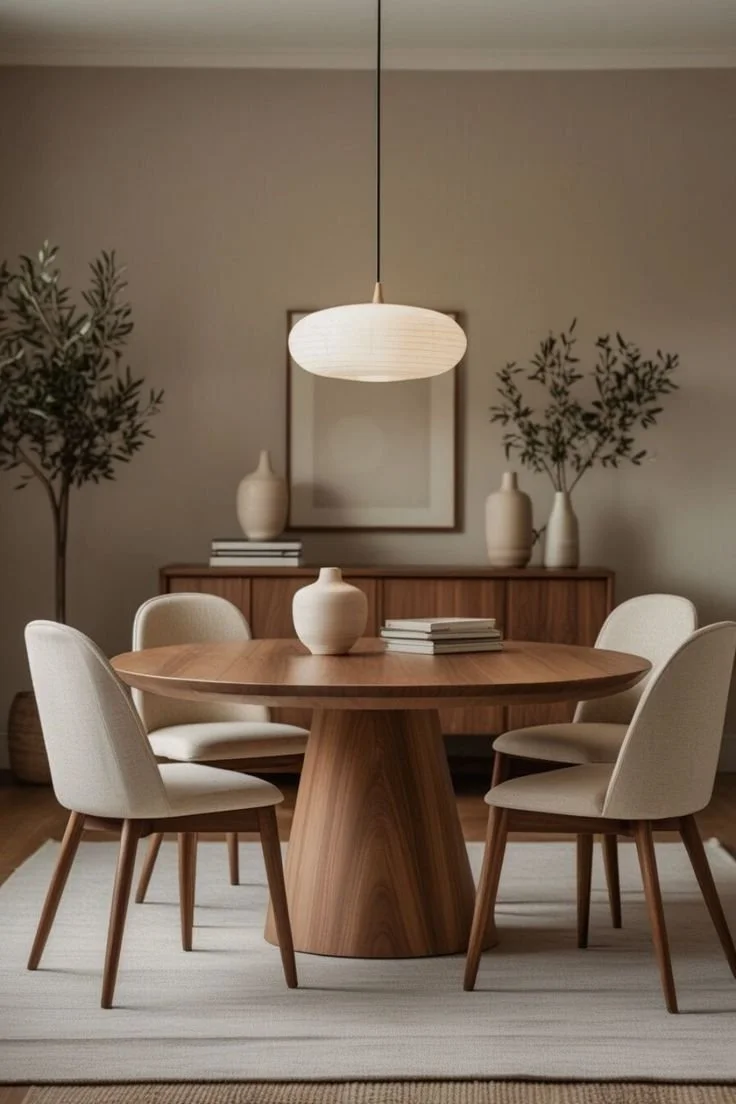 Comedor con mesa redonda de madera, cuatro sillas con cojín beige, lámpara colgante de papel, y decoración minimalista con jarrones y libros, en tonos neutros y madera.