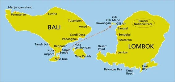 Map of Bali and Lombok islands in Indonesia, showing major towns and geographic locations.