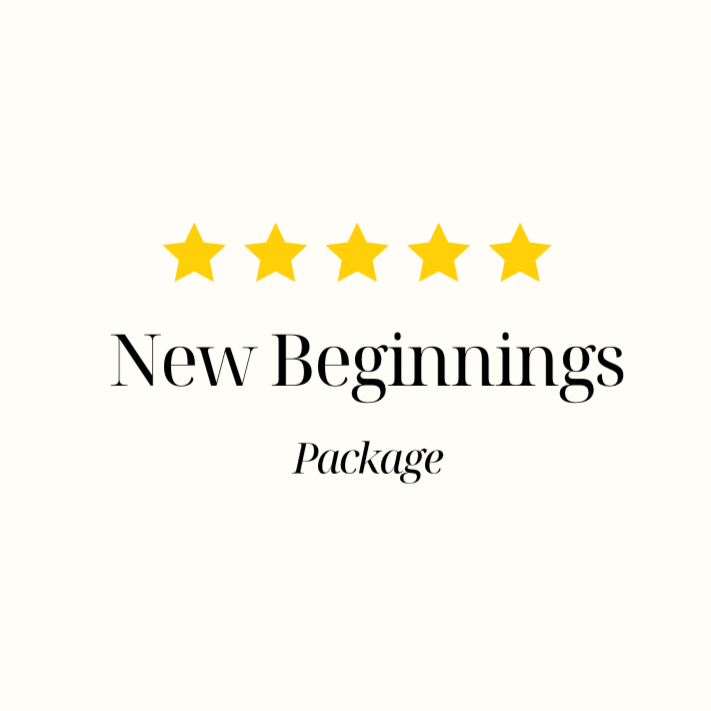 Five gold stars above the words "New Beginnings Package" in black and italicized font.