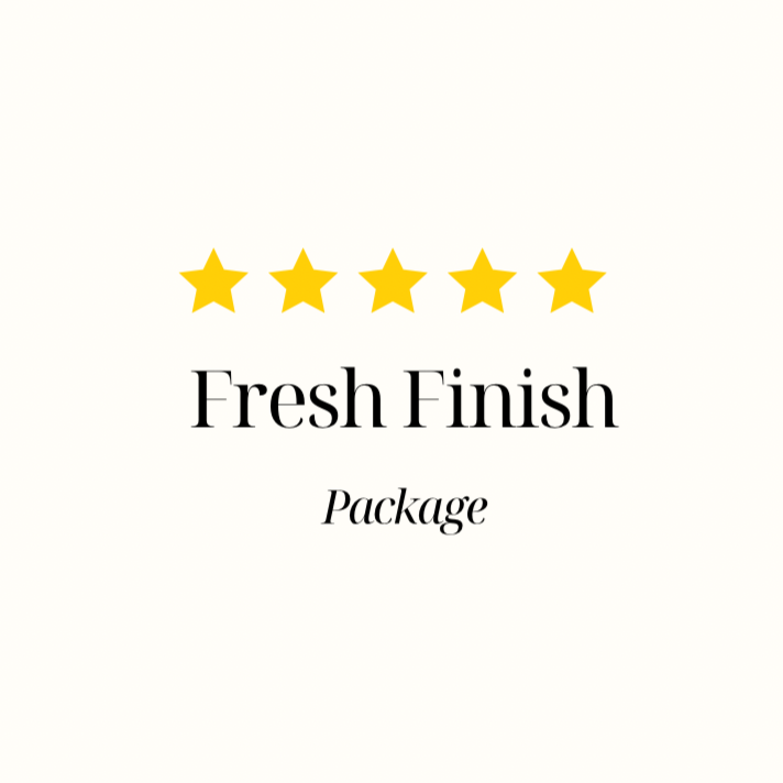 Five yellow stars above the text "Fresh Finish" and the word "Package" in italics.