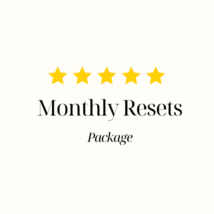 Five gold stars above the text 'Monthly Resets Package' on a light background.